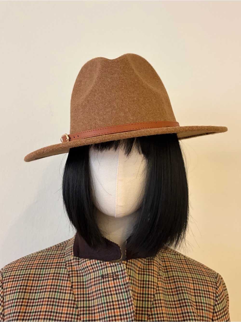 Camel Wool Blend Fedora Hat Wide Brim Belt Buckle